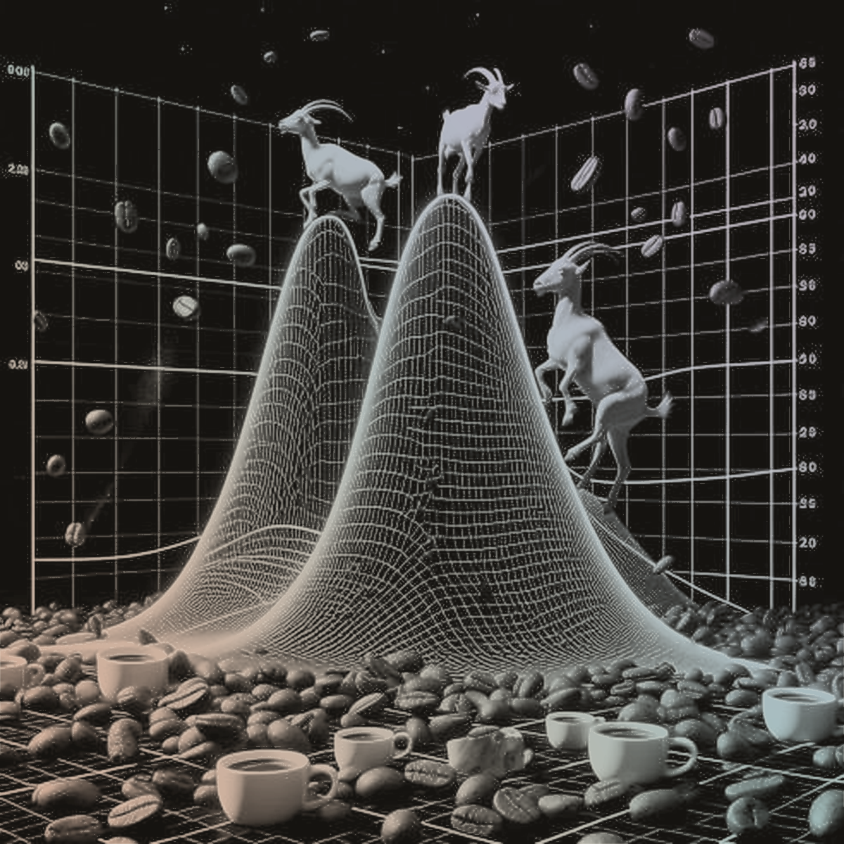 Goats climbing mathematical curves above coffee beans and cups