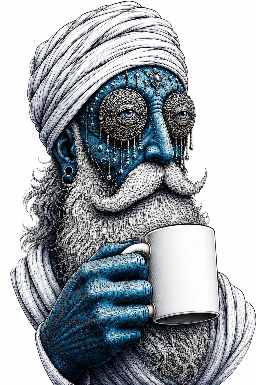 Gem Eyes, a blue-skinned elder in a white turban with ornate circular eye coverings