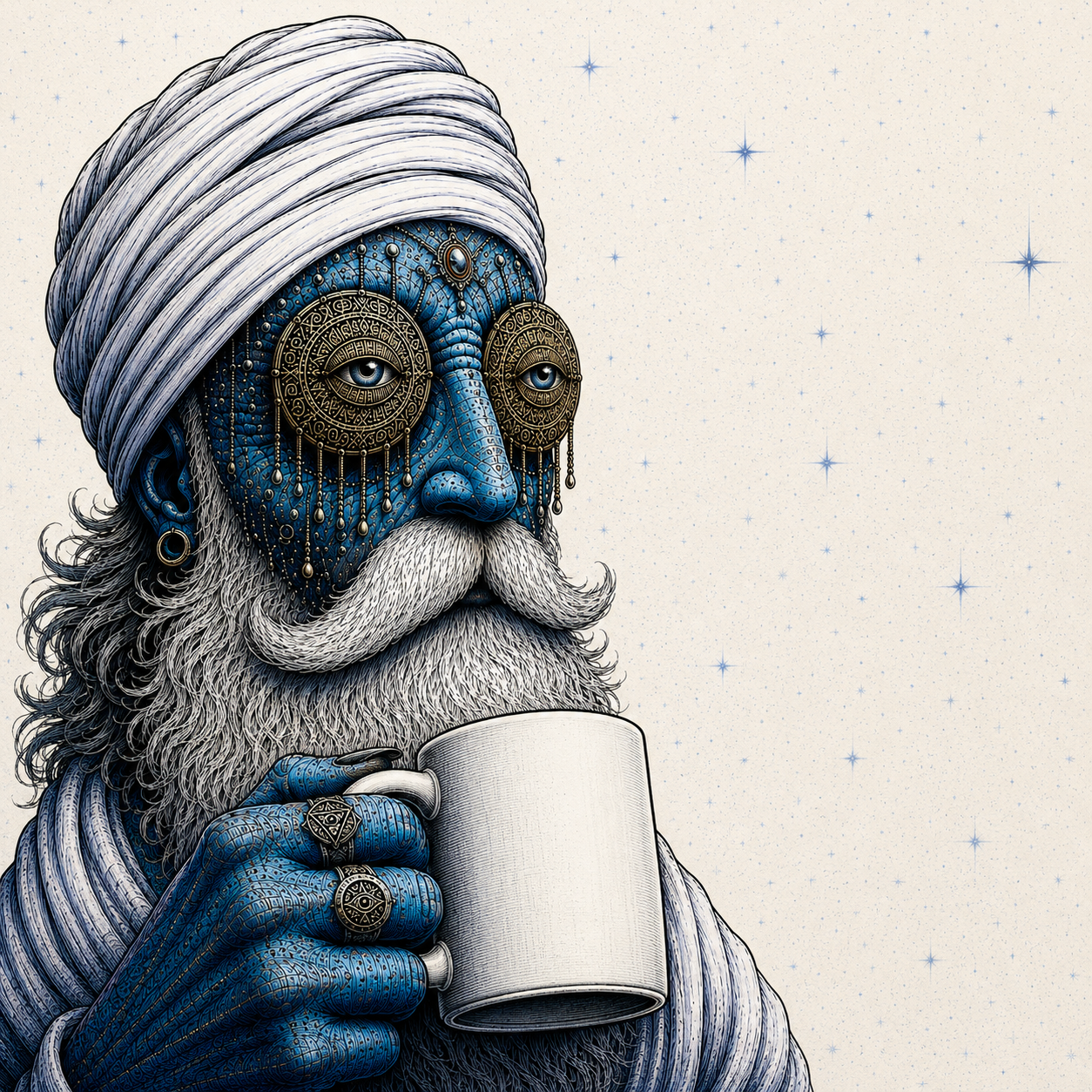 Gem Eyes holding a coffee mug beneath a field of faint blue stars