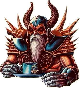 The Steward, an armored horned elder holding a blue coffee mug