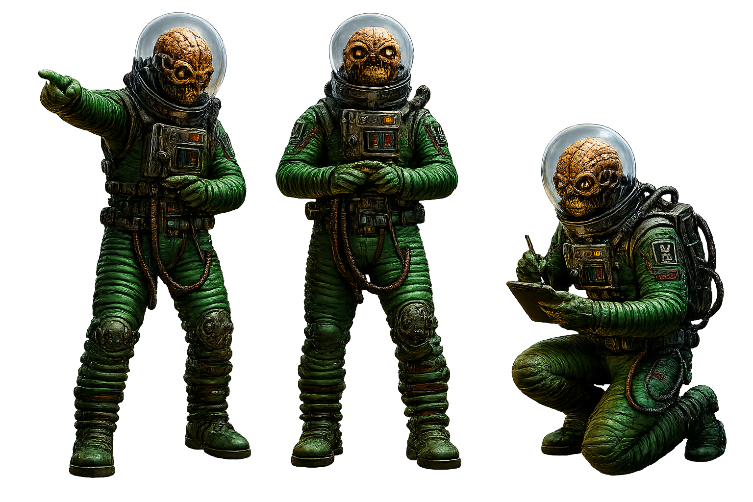 Three Engineers in green space suits examining and recording their work
