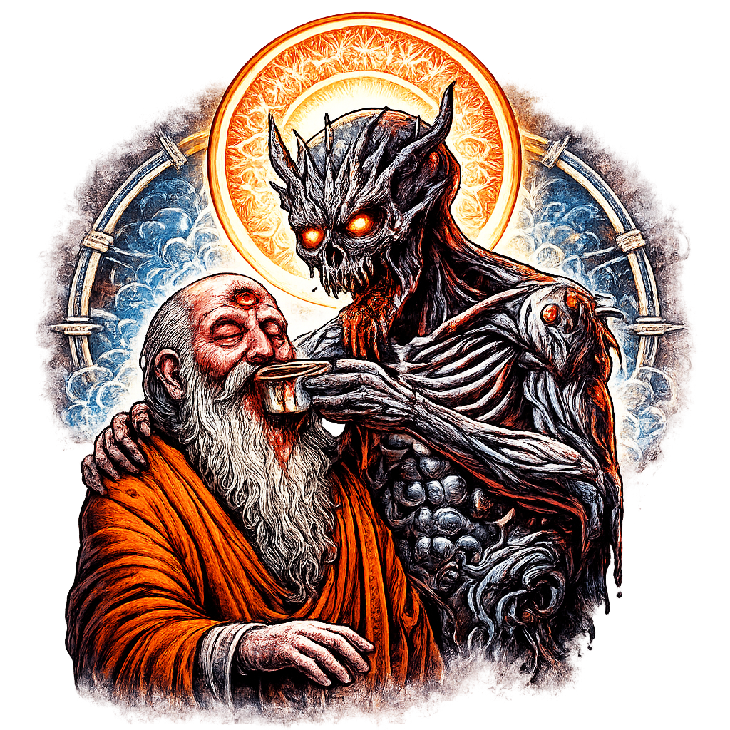 The Hermit in orange robes beside his tall skeletal Helper