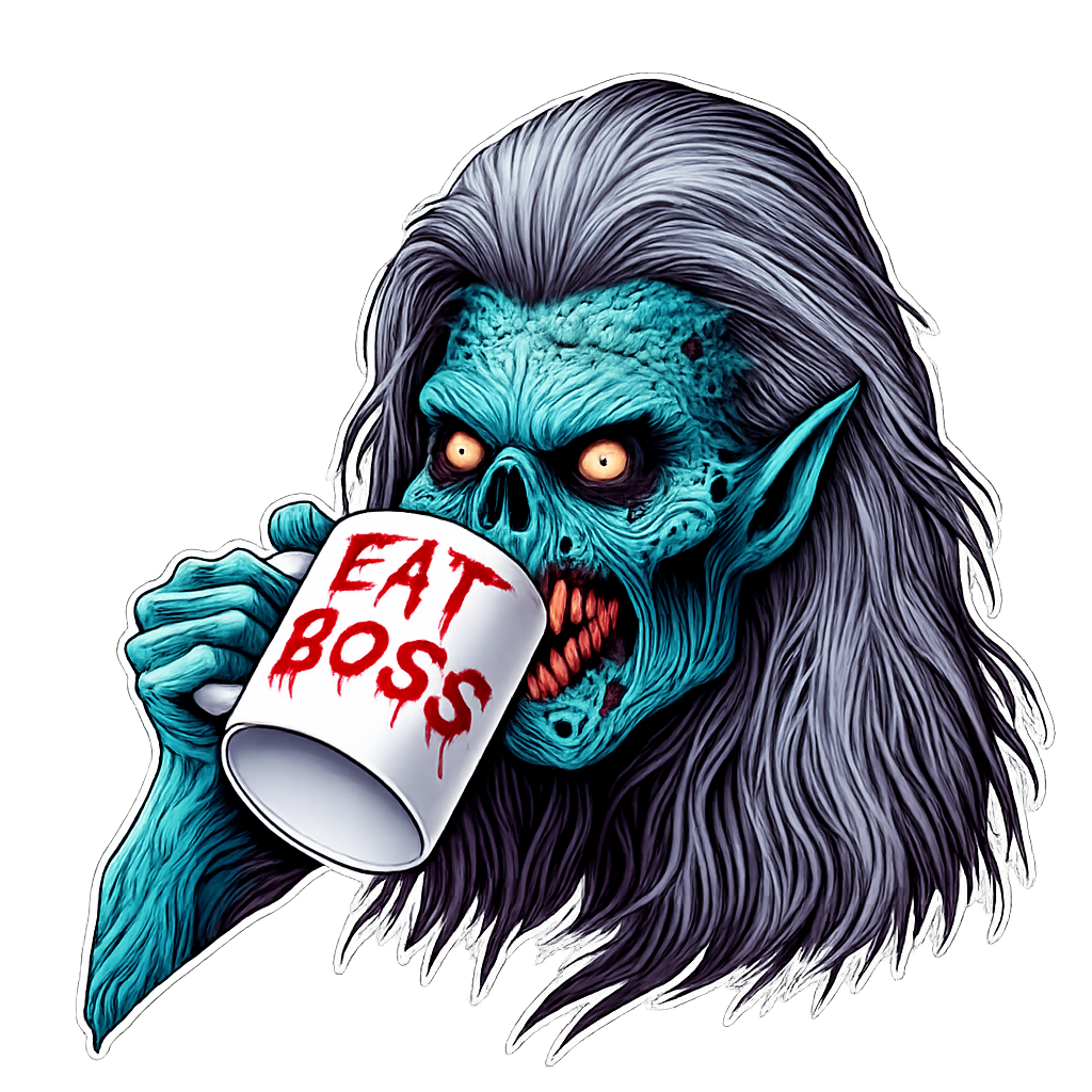 The Pale Drinker, a blue long-haired creature lifting a white coffee mug